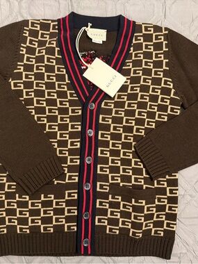 Gucci Boys GG Logo Jacquard Wool Sweater Sz 8 Brown Beige NWT Authentic $630